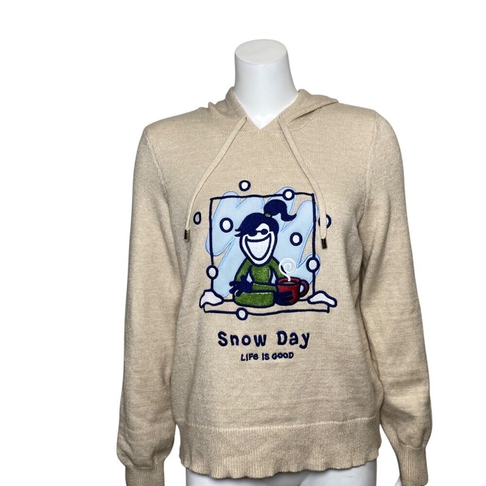 Life is Good Snow Day Sweater Womens Size M Hooded Long Sleeve Embroidered